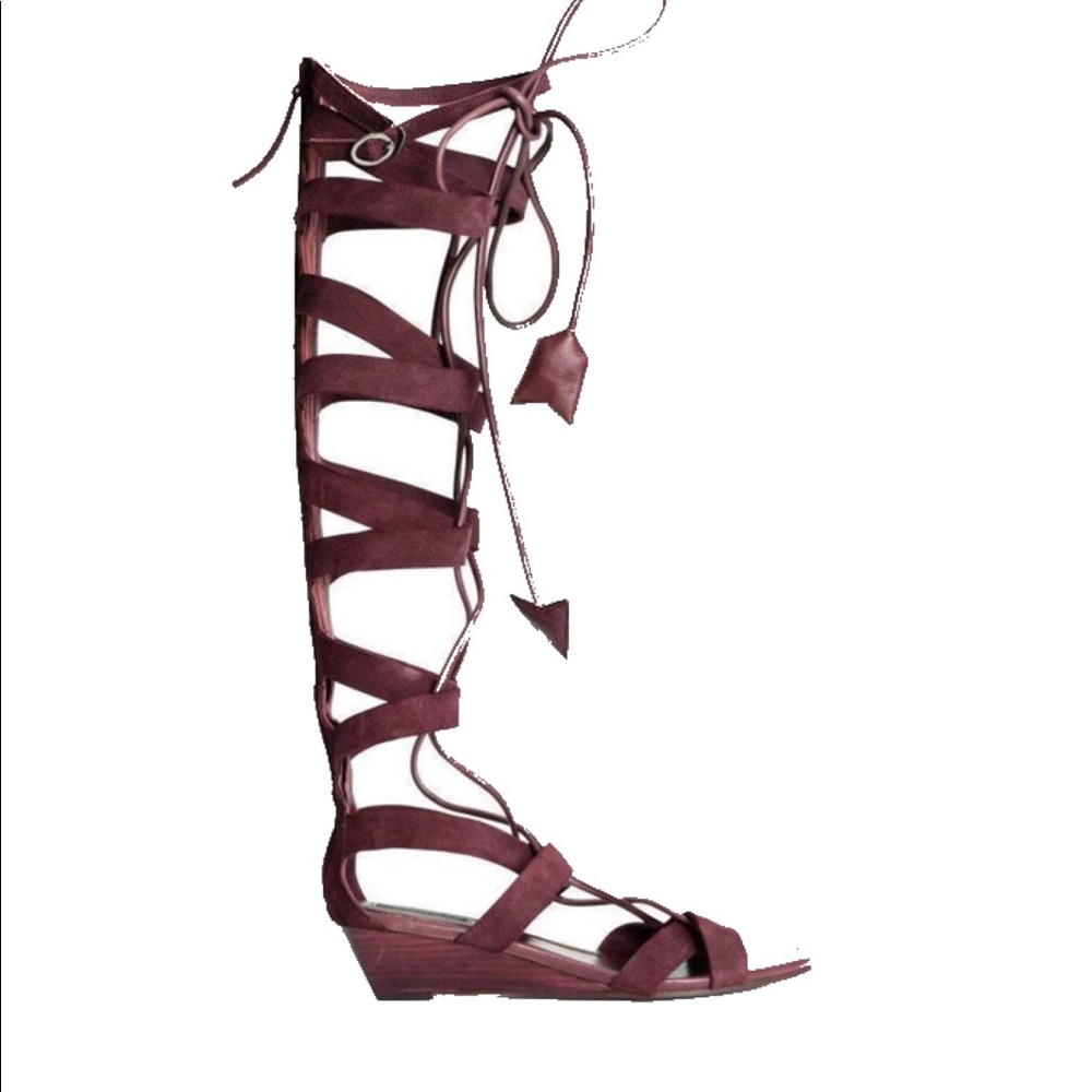 Burgundy gladiator sandals over the knee